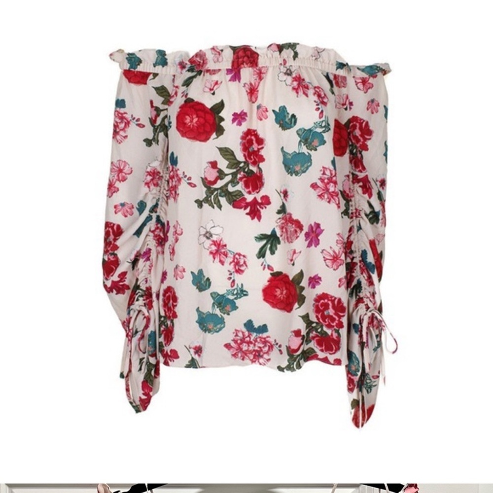 Vince Camuto pink floral off the shoulder ruched long sleeve blouse